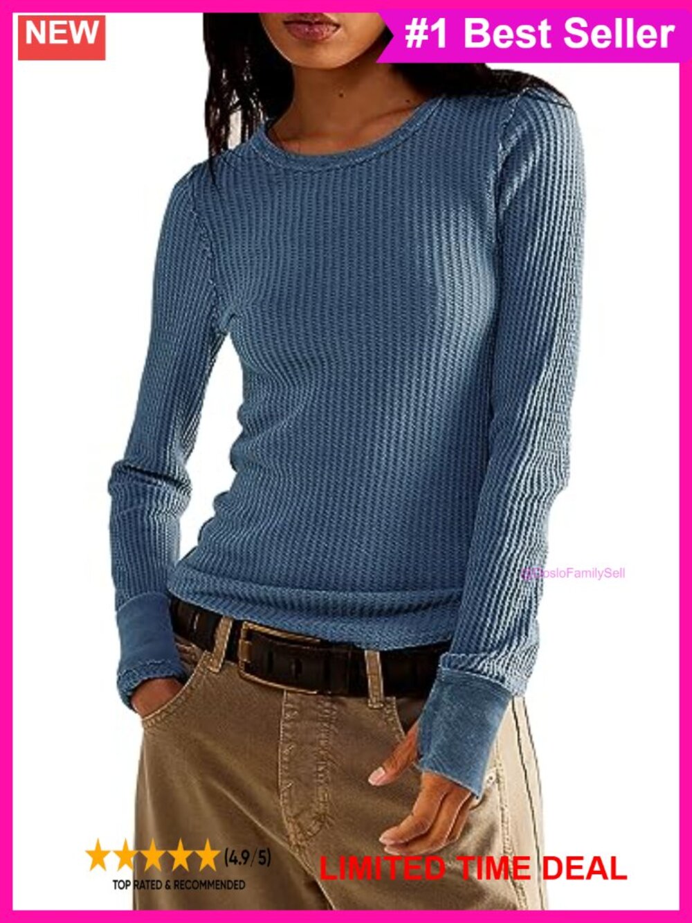 Waffle Knit Long Sleeve Crew Neck Slim Fit Pullover Top